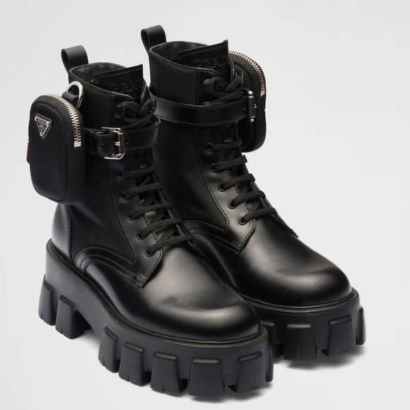 Prada Black Leather Combat Boots with Detachable Pouch - Picture 2 of 16